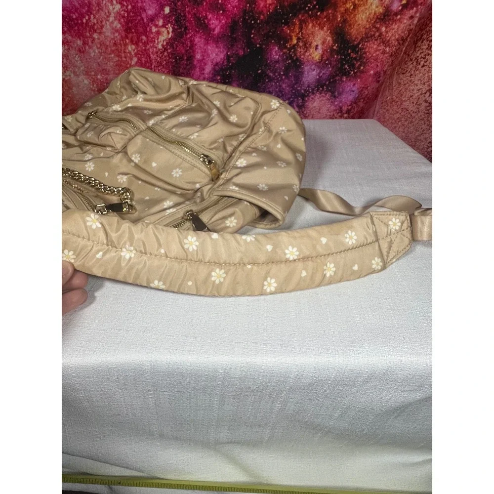 Madden NYC Tan Daisy Heart Print Nylon Backpack Gold Chain Detail Floral Bag